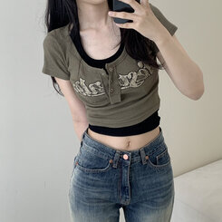 [최저가!*ㅡ*]y2k 빈티지 버튼 단추 골지 레터링 크롭티4color 카키