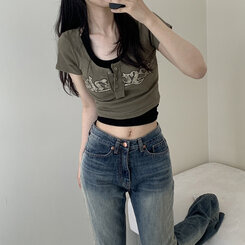 [최저가!*ㅡ*]y2k 빈티지 버튼 단추 골지 레터링 크롭티4color 카키