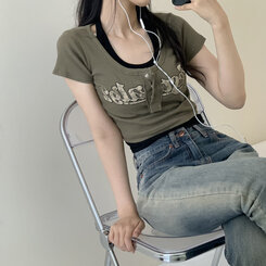 [최저가!*ㅡ*]y2k 빈티지 버튼 단추 골지 레터링 크롭티4color 카키