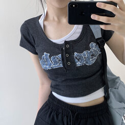[최저가!*ㅡ*]y2k 빈티지 버튼 단추 골지 레터링 크롭티4color 차콜