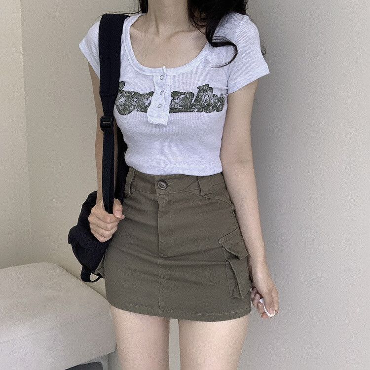 [최저가!*ㅡ*]y2k 빈티지 버튼 단추 골지 레터링 크롭티4color 백멜란지