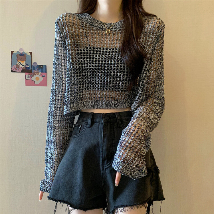 クロップサマーシースルーニット グレー