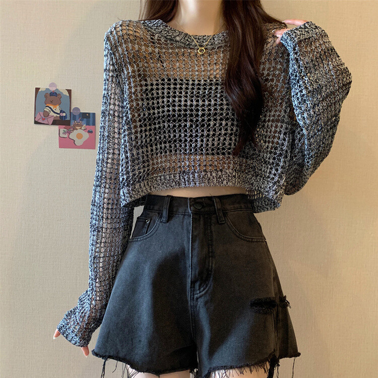 クロップサマーシースルーニット グレー