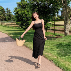 AMATERAS 黒 キャミソール ロングワンピース レースシャギーキャミワンピース キャミワンピース キャミソール