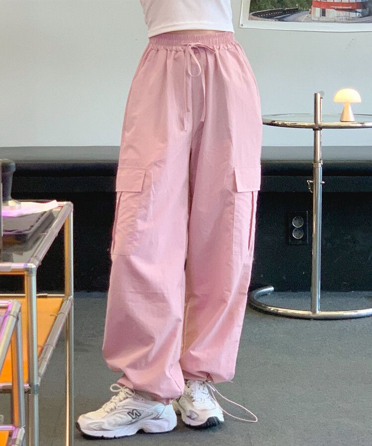 カーゴジョガーストリングワイドロングパンツ ピンク