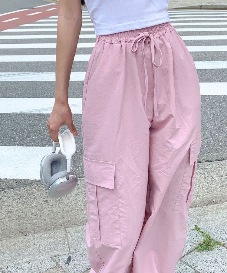 カーゴジョガーストリングワイドロングパンツ ピンク
