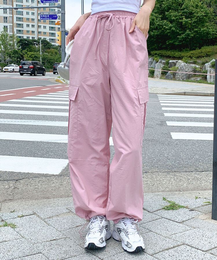 カーゴジョガーストリングワイドロングパンツ ピンク