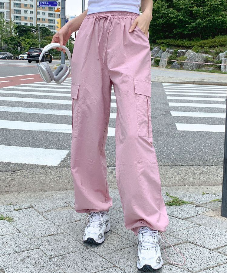 カーゴジョガーストリングワイドロングパンツ ピンク