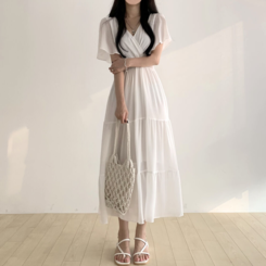 Vネックティアードシフォンロングワンピース｜ロングワンピース｜韓国