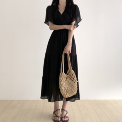 Vネックティアードシフォンロングワンピース｜ロングワンピース｜韓国