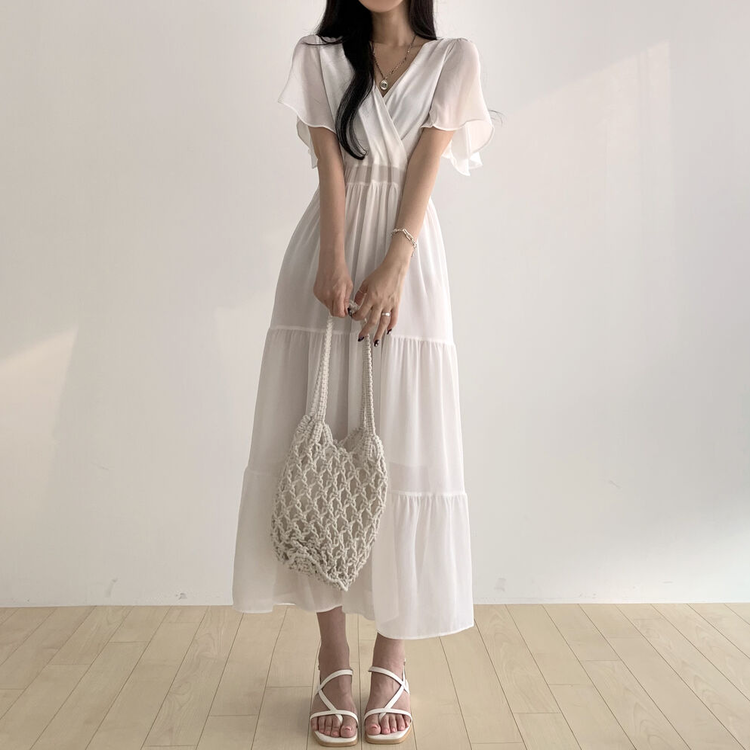 Vネックティアードシフォンロングワンピース｜ロングワンピース｜韓国