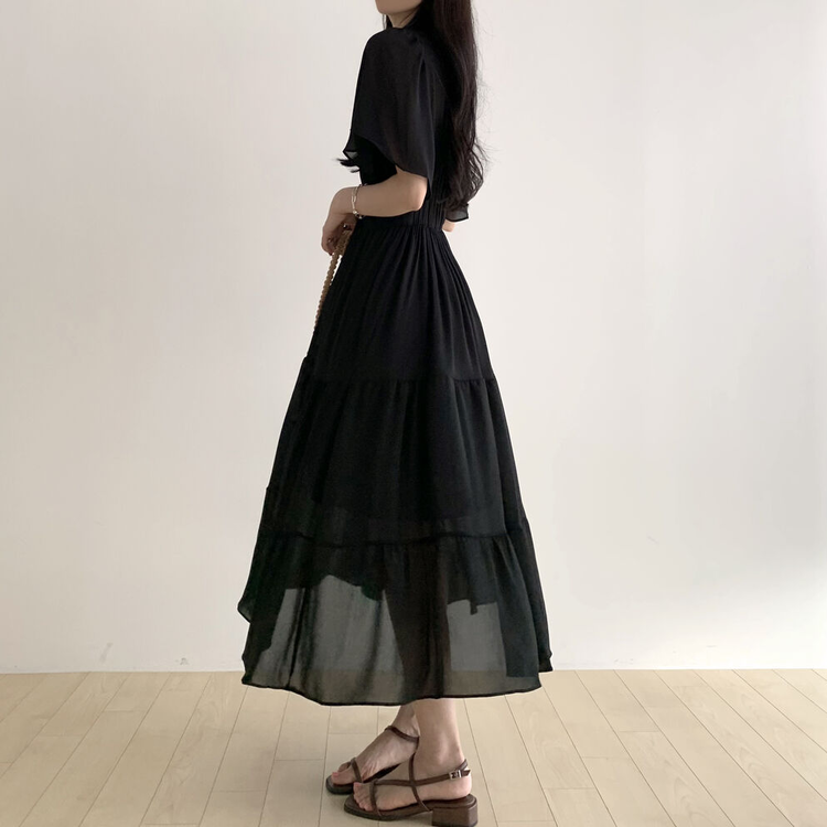 Vネックティアードシフォンロングワンピース｜ロングワンピース｜韓国