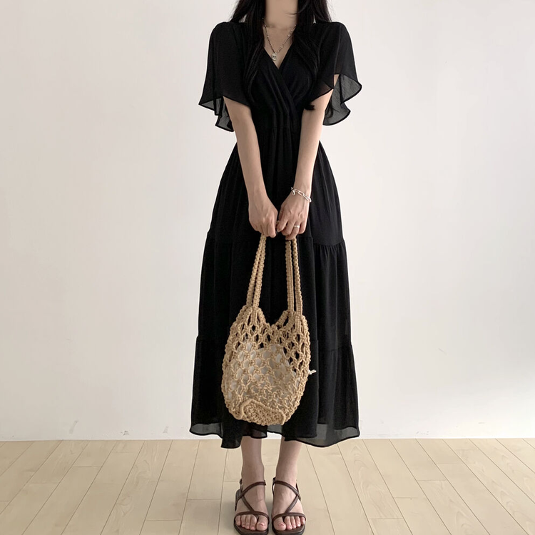 Vネックティアードシフォンロングワンピース｜ロングワンピース｜韓国