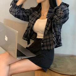 シャツ チェックシースルークロップサマーシャツ NAVY