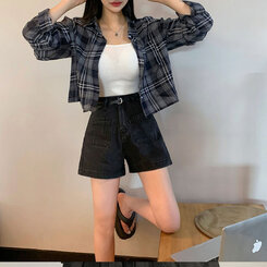シャツ チェックシースルークロップサマーシャツ NAVY
