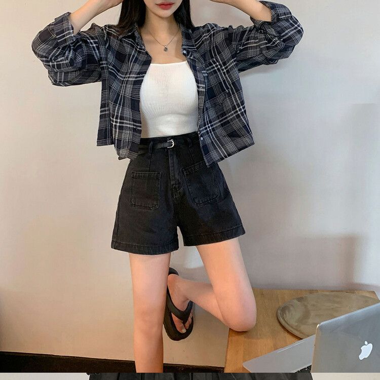 チェックシースルークロップサマーシャツ NAVY
