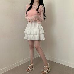 ミニスカート フリルバンディングフレアミニスカート(裏パンツ付き) アイボリー