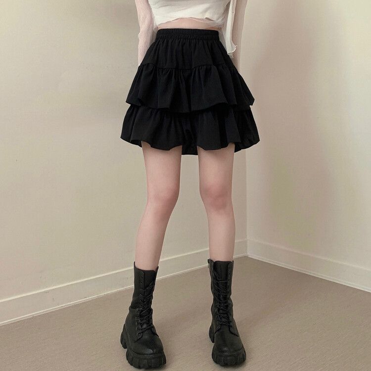 フリルバンディングフレアミニスカート(裏パンツ付き) ブラック
