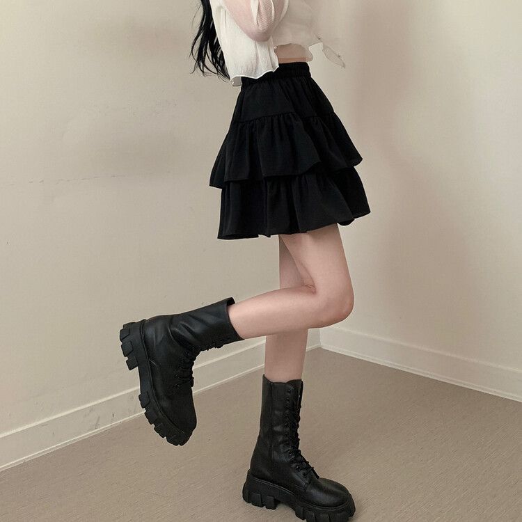 フリルバンディングフレアミニスカート(裏パンツ付き) ブラック