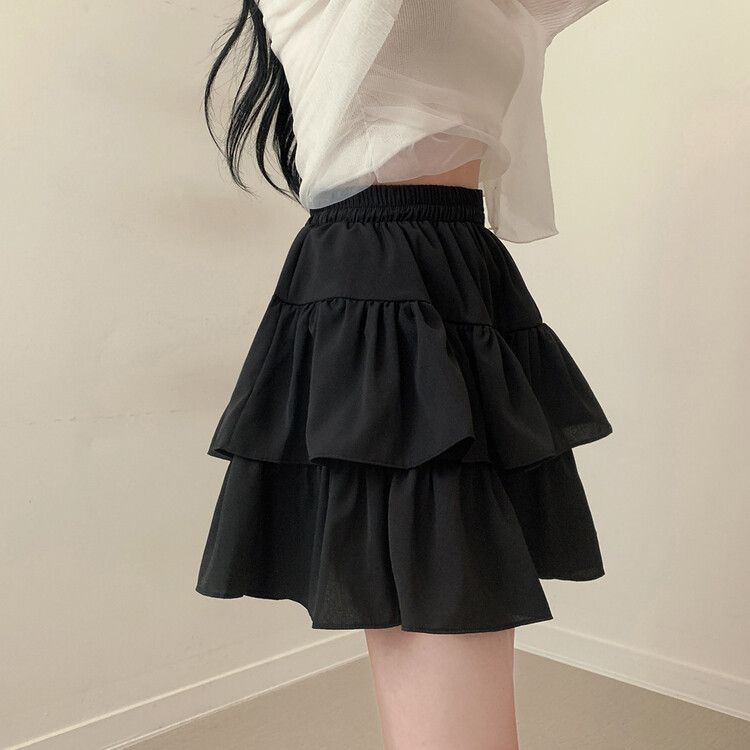 フリルバンディングフレアミニスカート(裏パンツ付き) ブラック