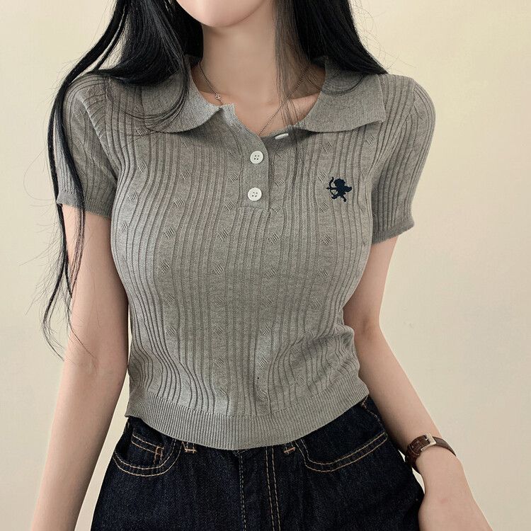 キューピッド刺繍ケーブルカラー半袖クロップニット GREY