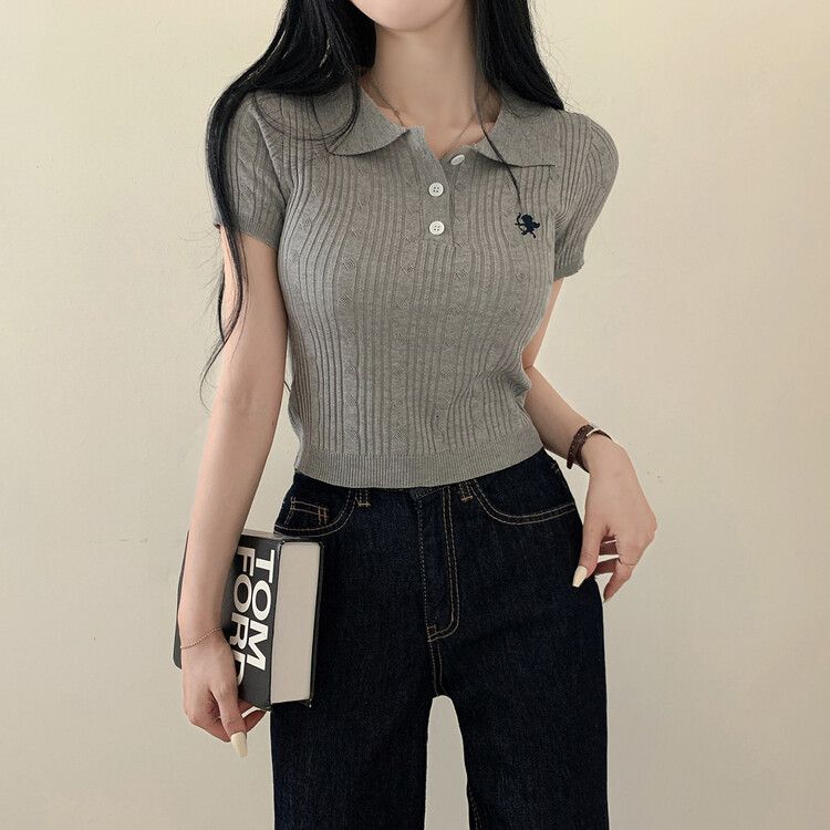キューピッド刺繍ケーブルカラー半袖クロップニット GREY