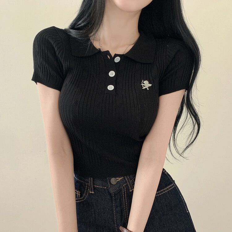 キューピッド刺繍ケーブルカラー半袖クロップニット BLACK
