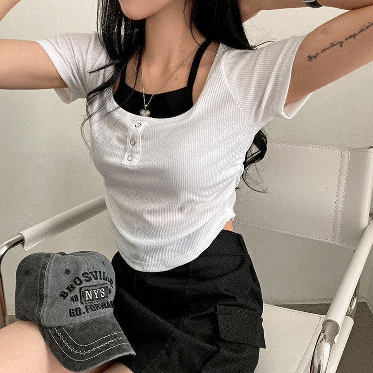 キャミソールレイヤード配色クロップTシャツ5色｜半袖Tシャツ