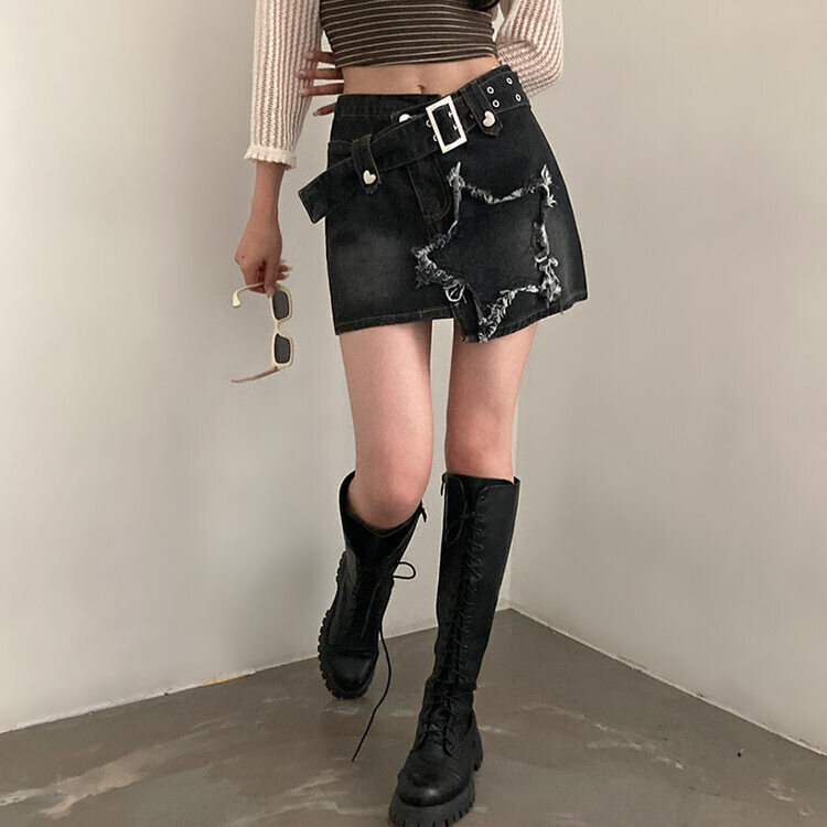스타데미지 포인트 Y2K 언발 벨트 데님 미니스커트 블랙