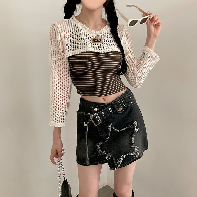 스타데미지 포인트 Y2K 언발 벨트 데님 미니스커트 블랙
