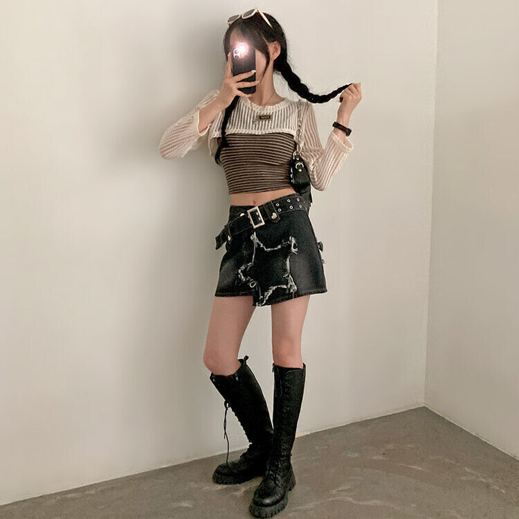 스타데미지 포인트 Y2K 언발 벨트 데님 미니스커트 블랙