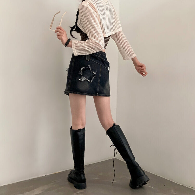 스타데미지 포인트 Y2K 언발 벨트 데님 미니스커트 블랙