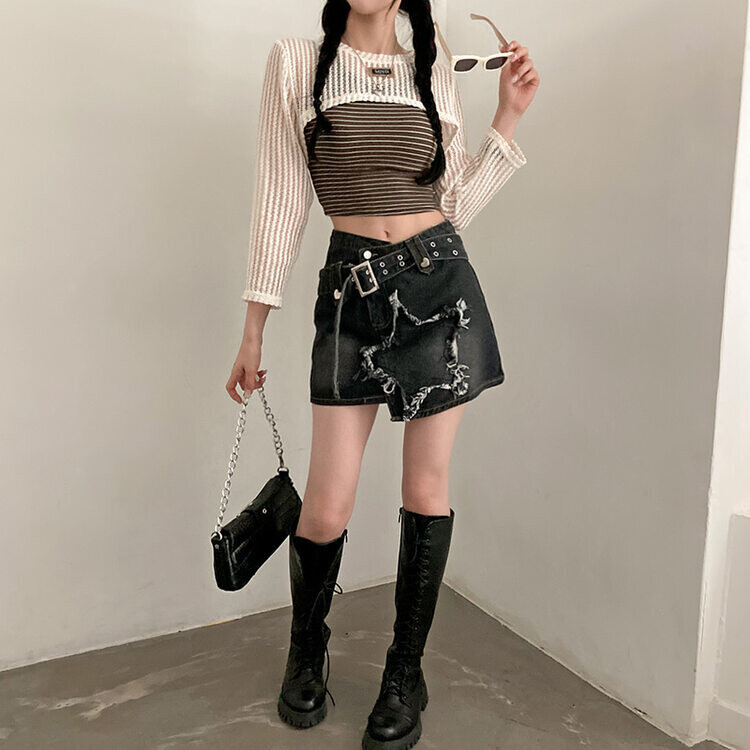 스타데미지 포인트 Y2K 언발 벨트 데님 미니스커트 블랙