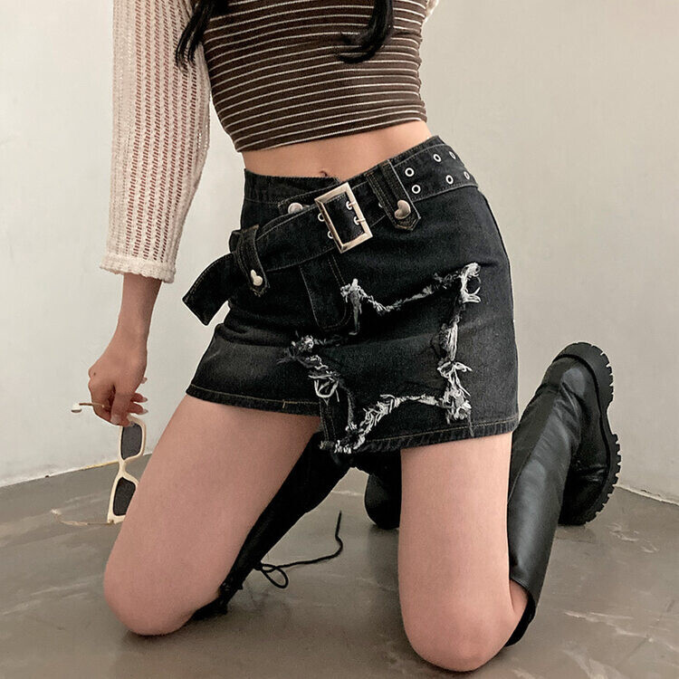 스타데미지 포인트 Y2K 언발 벨트 데님 미니스커트 블랙