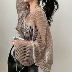 ニット グラデーションルーズフィットシースルーネットクロップニット BEIGE
