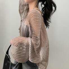 ニット グラデーションルーズフィットシースルーネットクロップニット BEIGE