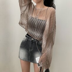 ニット グラデーションルーズフィットシースルーネットクロップニット BEIGE