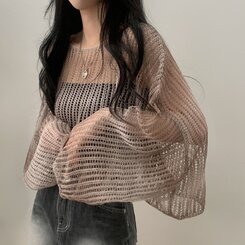 ニット グラデーションルーズフィットシースルーネットクロップニット BEIGE