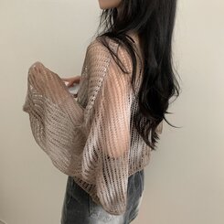 ニット グラデーションルーズフィットシースルーネットクロップニット BEIGE