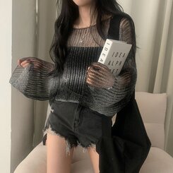 ニット グラデーションルーズフィットシースルーネットクロップニット BLACK