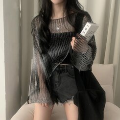 ニット グラデーションルーズフィットシースルーネットクロップニット BLACK