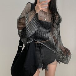 ニット グラデーションルーズフィットシースルーネットクロップニット BLACK