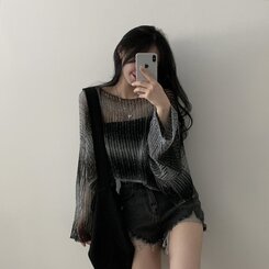 ニット グラデーションルーズフィットシースルーネットクロップニット BLACK