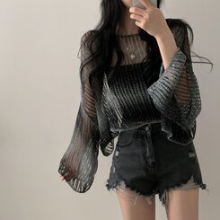 ニット グラデーションルーズフィットシースルーネットクロップニット BLACK