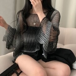 ニット グラデーションルーズフィットシースルーネットクロップニット BLACK