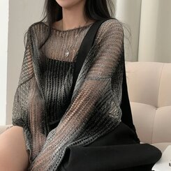 ニット グラデーションルーズフィットシースルーネットクロップニット BLACK
