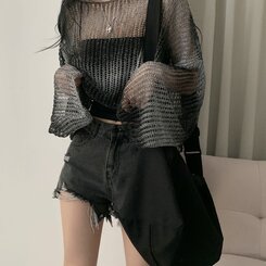 ニット グラデーションルーズフィットシースルーネットクロップニット BLACK