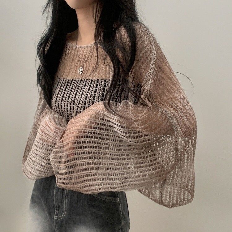 グラデーションルーズフィットシースルーネットクロップニット BEIGE