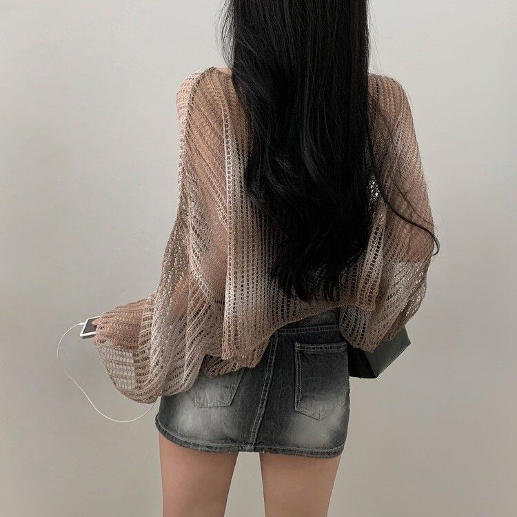グラデーションルーズフィットシースルーネットクロップニット BEIGE