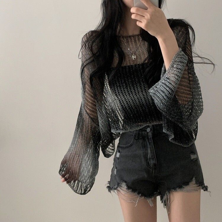 グラデーションルーズフィットシースルーネットクロップニット BLACK